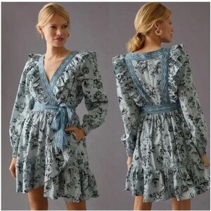 Anthropologie ruffle floral mini wrap dress large blue *missing belt